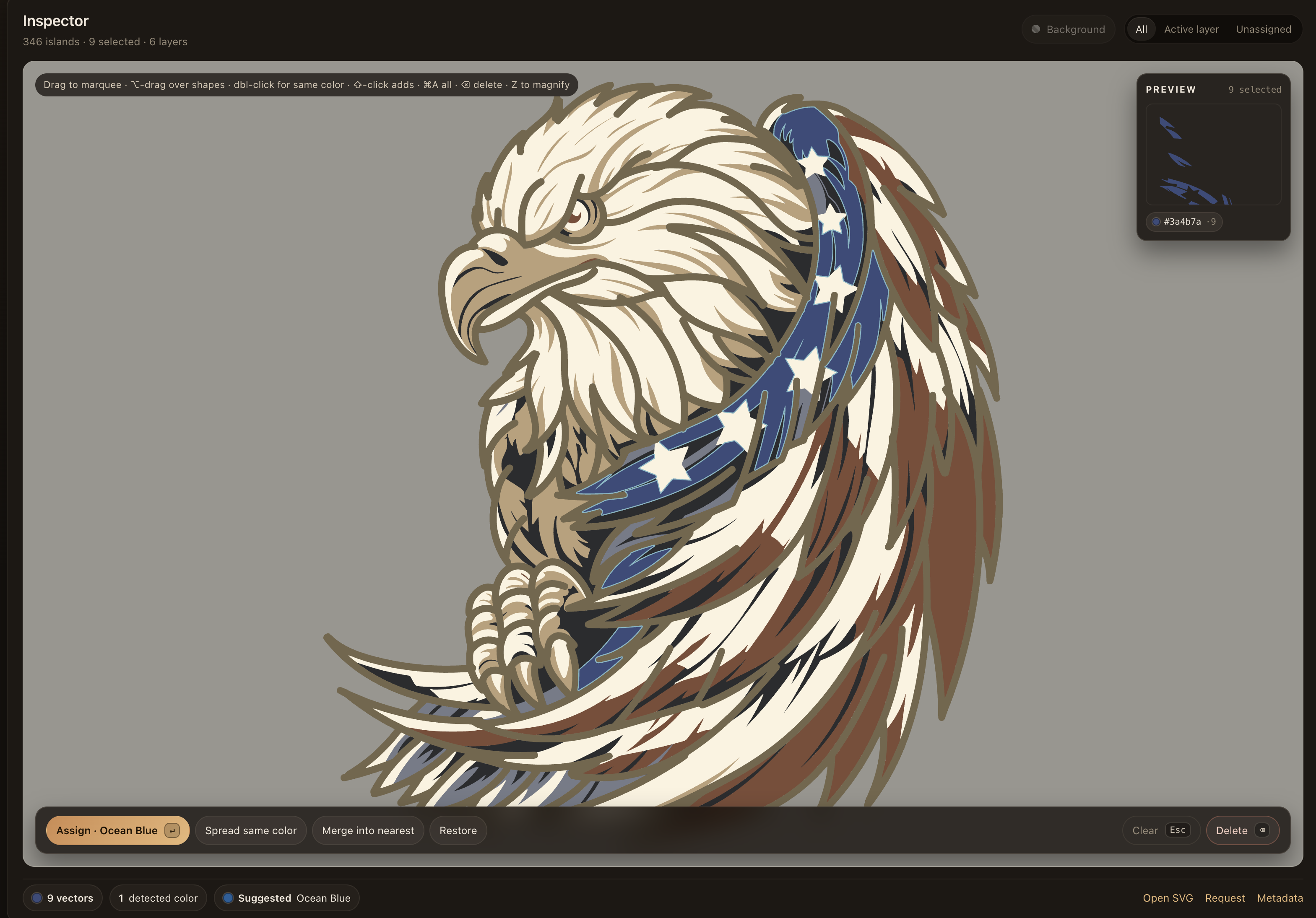 CNC Vector Lab — Vector Lab workspace with assigned palette layers